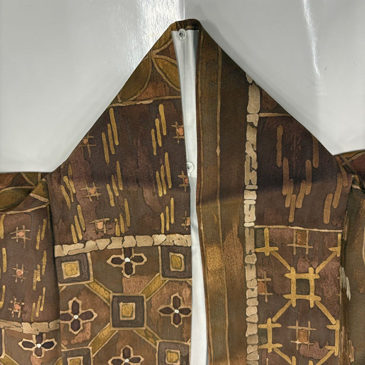 【美品】 小紋 身長160.5cm 袖長65cm M 雙層 七寶紋 幾何圖案 茶 純蠶絲 秀品級