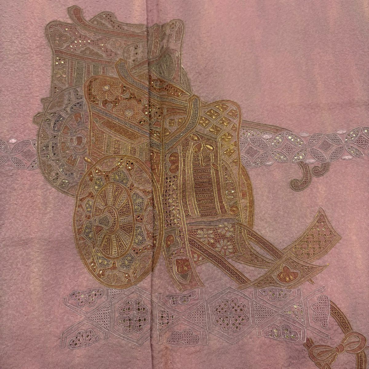付下 身長154cm 袖長64cm M 雙層 御所車 七寶紋 刺繡 金金箔 紅紫 純蠶絲 秀品級