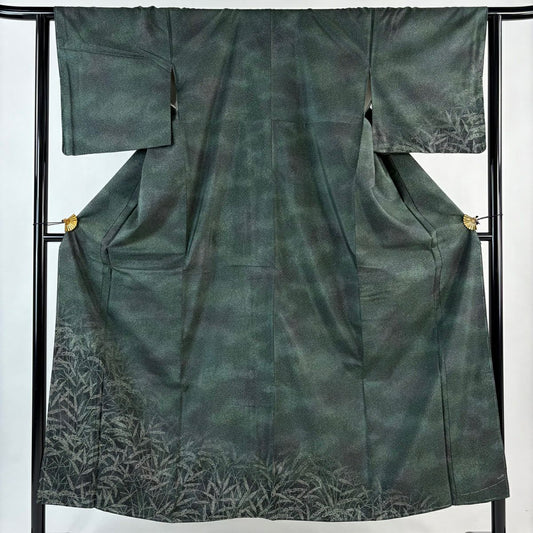 【美品】 付下 身長151.5cm 袖長63.5cm S 雙層 紬織織 女郎花 漸層 深綠 純蠶絲 優品級