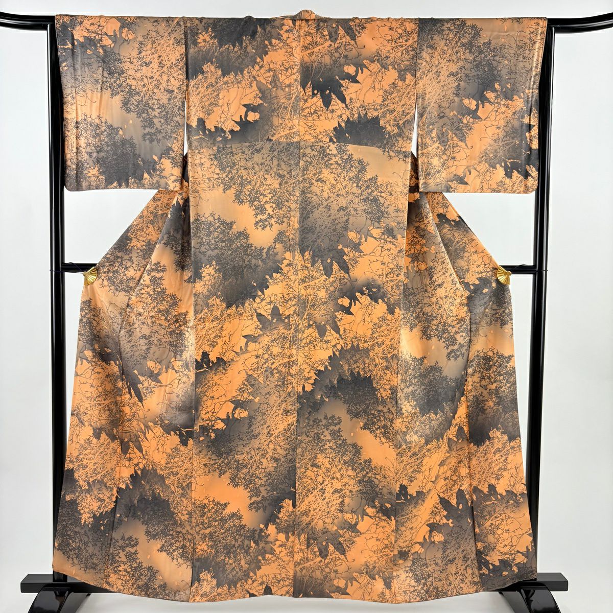 小紋 身長160.5cm 袖長64.5cm M 雙層 樹木 輪廓 漸層 橙色 純蠶絲 優品級