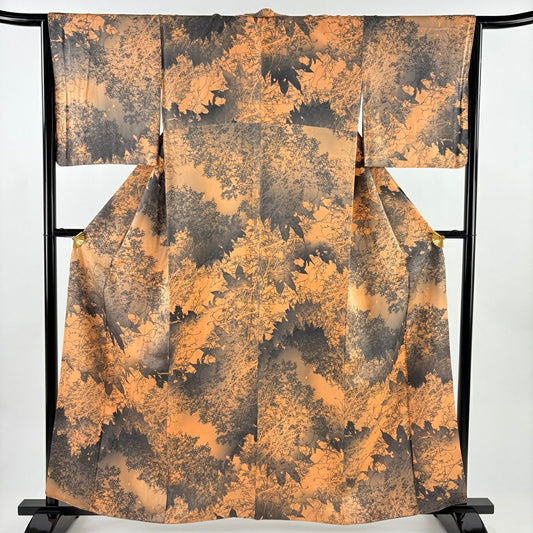 小紋 身長160.5cm 袖長64.5cm M 雙層 樹木 輪廓 漸層 橙色 純蠶絲 優品級