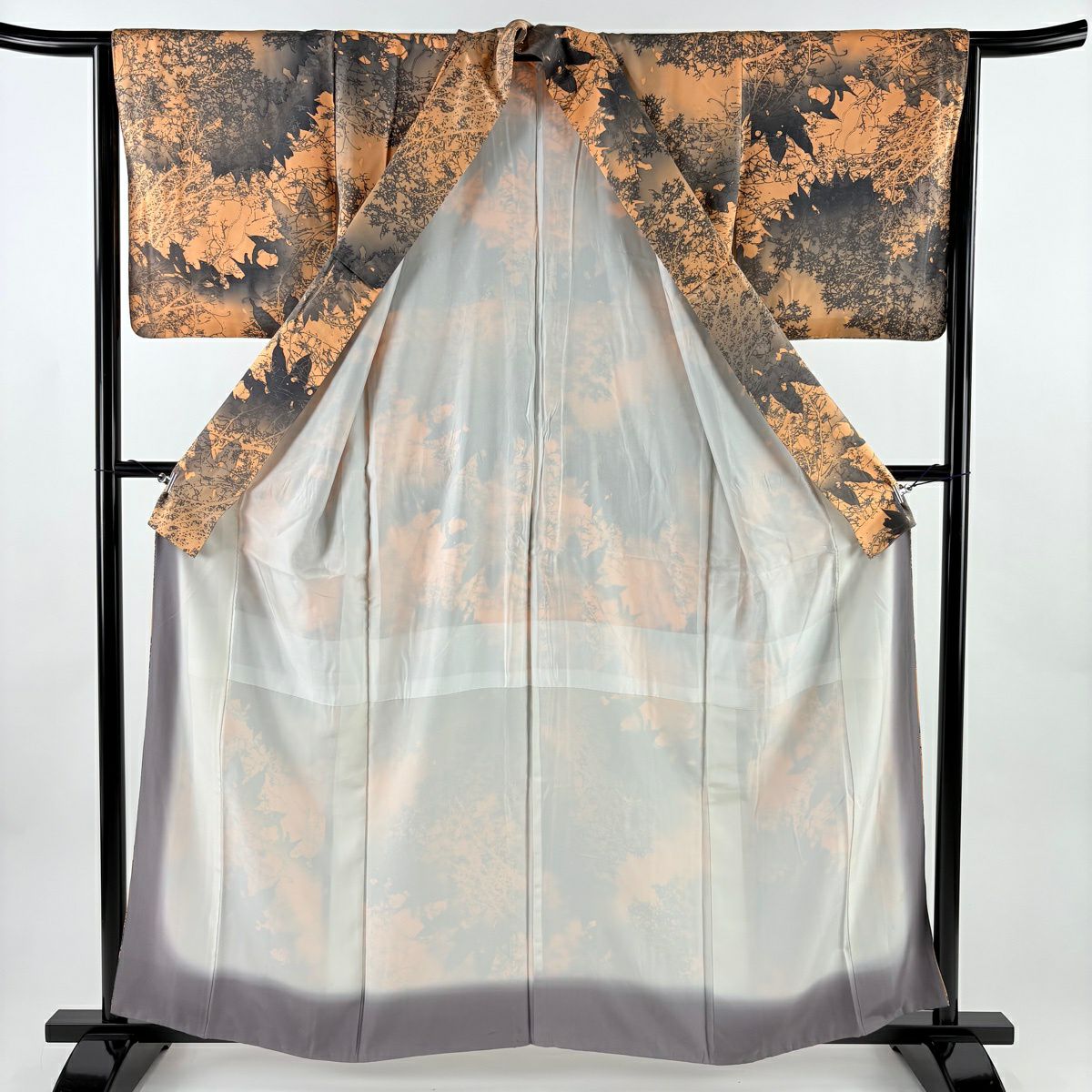 小紋 身長160.5cm 袖長64.5cm M 雙層 樹木 輪廓 漸層 橙色 純蠶絲 優品級