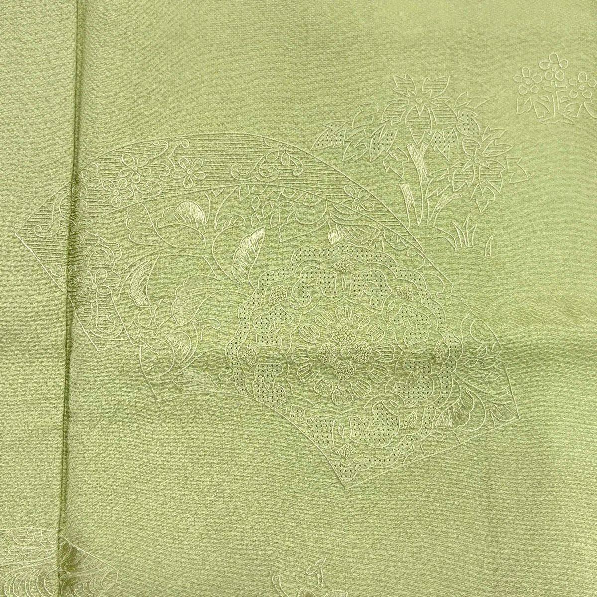 付下 身長154cm 袖長61.5cm S 雙層 蘇州刺繡 扇子面 草花紋刺繡 淺綠 純蠶絲 優品級