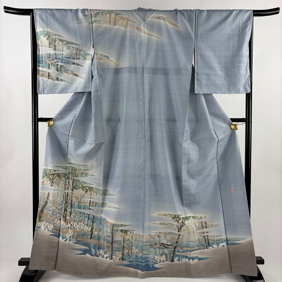 訪問服 身長166.5cm 袖長67.5cm L 雙層 紬織織 落款あり 水邊的風景 水芭蕉 漸層 水藍 純蠶絲 優品級