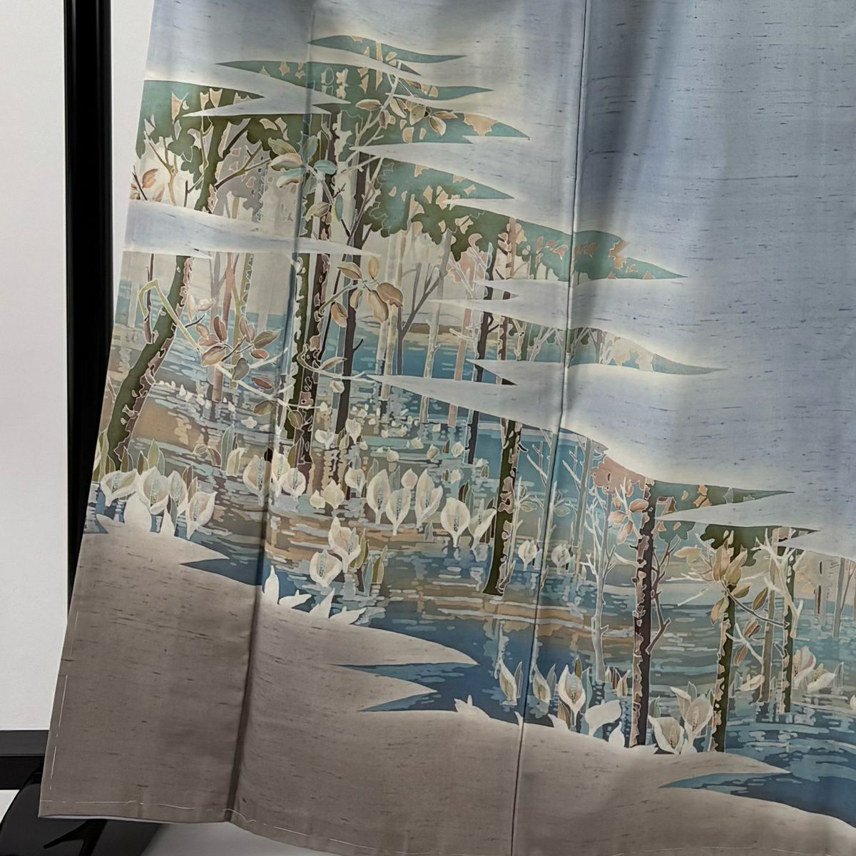 訪問服 身長166.5cm 袖長67.5cm L 雙層 紬織織 落款あり 水邊的風景 水芭蕉 漸層 水藍 純蠶絲 優品級