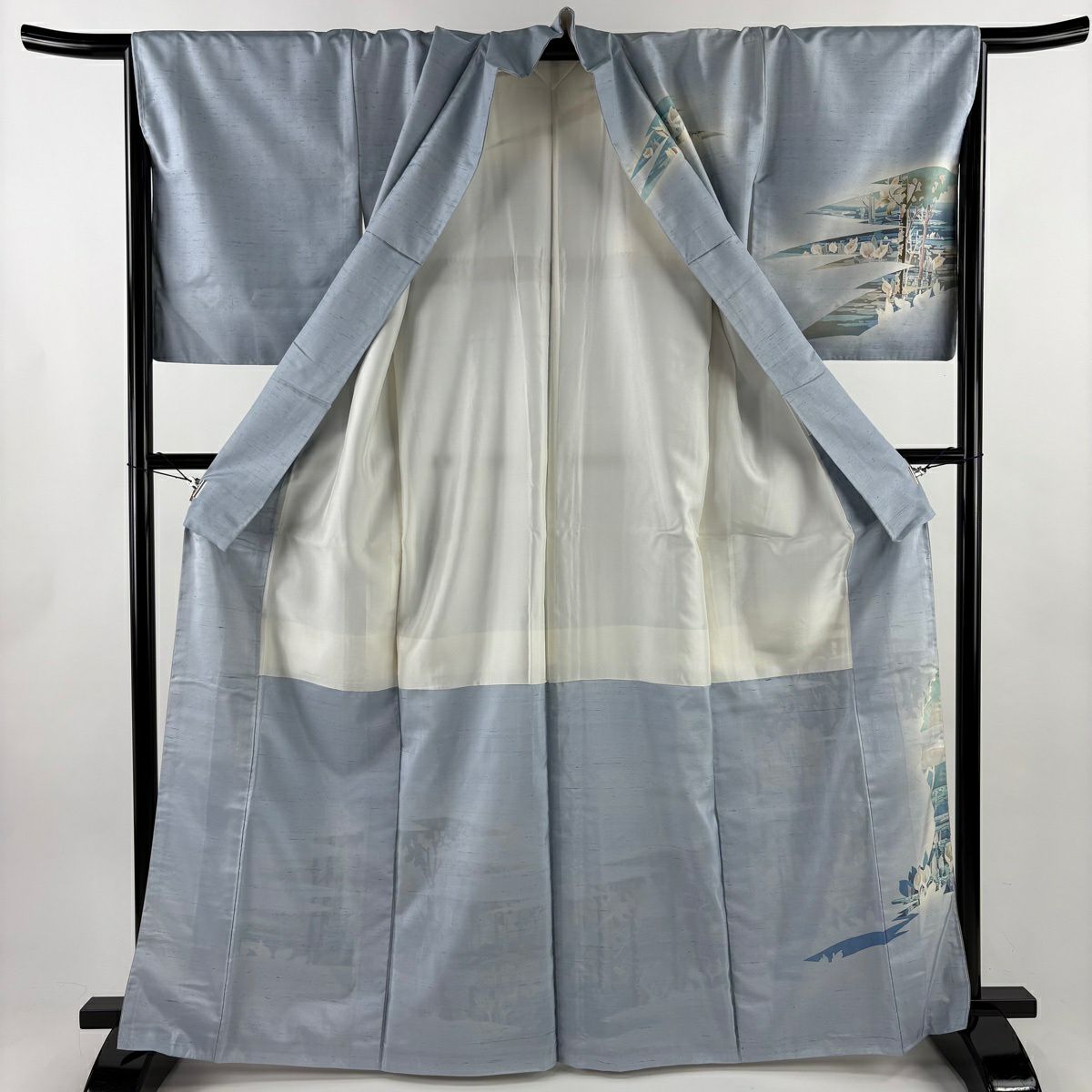 訪問服 身長166.5cm 袖長67.5cm L 雙層 紬織織 落款あり 水邊的風景 水芭蕉 漸層 水藍 純蠶絲 優品級