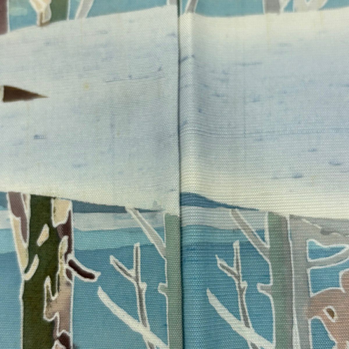 訪問服 身長166.5cm 袖長67.5cm L 雙層 紬織織 落款あり 水邊的風景 水芭蕉 漸層 水藍 純蠶絲 優品級