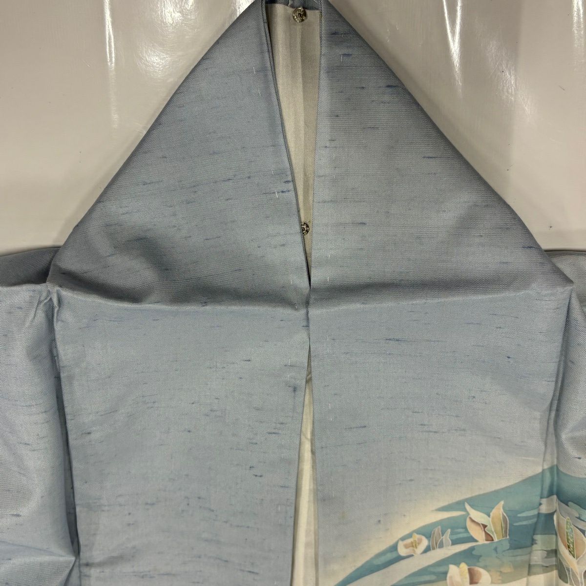 訪問服 身長166.5cm 袖長67.5cm L 雙層 紬織織 落款あり 水邊的風景 水芭蕉 漸層 水藍 純蠶絲 優品級