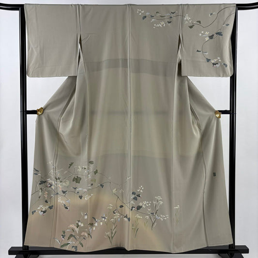 【美品】訪問服 身長157cm 袖長65.5cm M 雙層 落款あり 枝花 葡萄 漸層 灰茶 純蠶絲 秀品級
