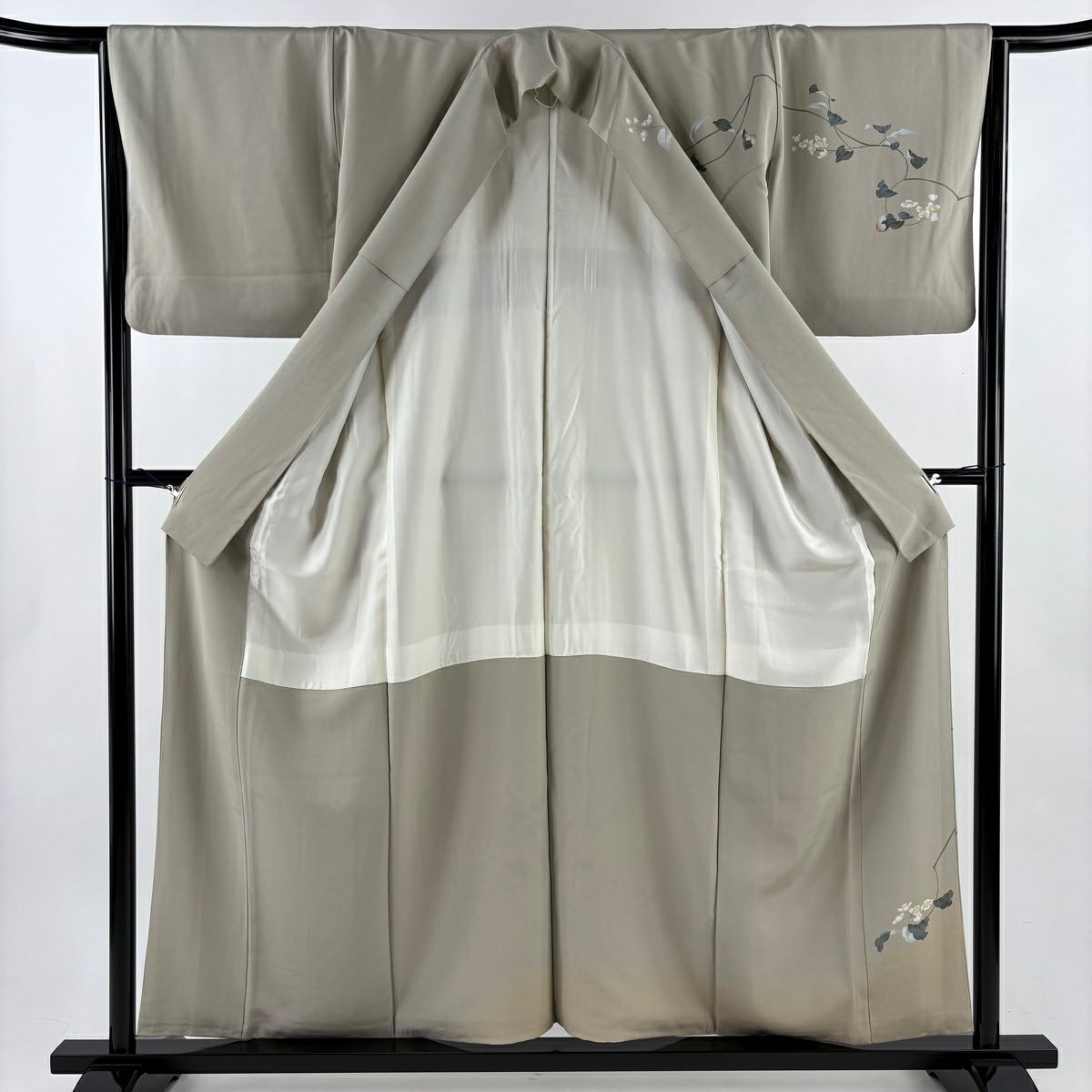 【美品】訪問服 身長157cm 袖長65.5cm M 雙層 落款あり 枝花 葡萄 漸層 灰茶 純蠶絲 秀品級