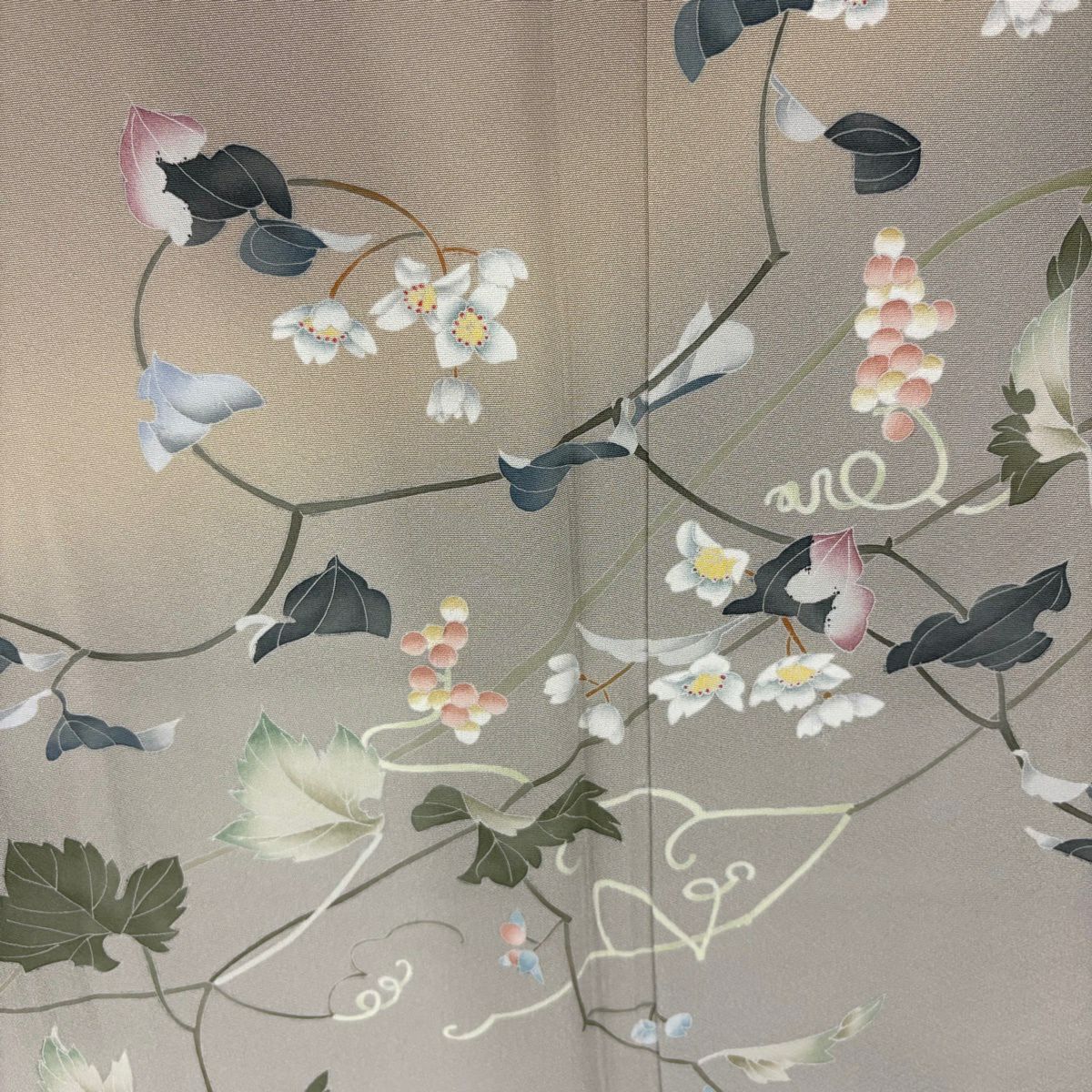 【美品】訪問服 身長157cm 袖長65.5cm M 雙層 落款あり 枝花 葡萄 漸層 灰茶 純蠶絲 秀品級