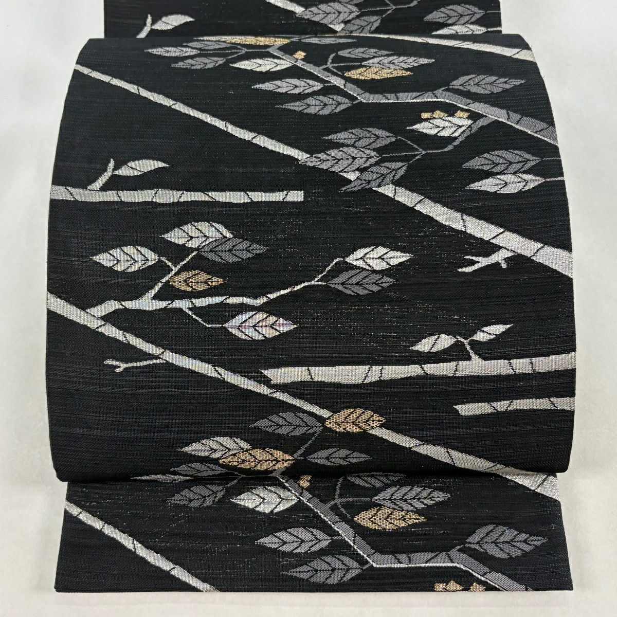 【美品】 袋名古屋帶 名品級 夏帶 絽 枝葉 金銀彩 金金箔 黑 化纖