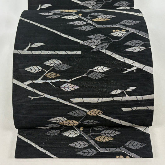 【美品】 袋名古屋帶 名品級 夏帶 絽 枝葉 金銀彩 金金箔 黑 化纖