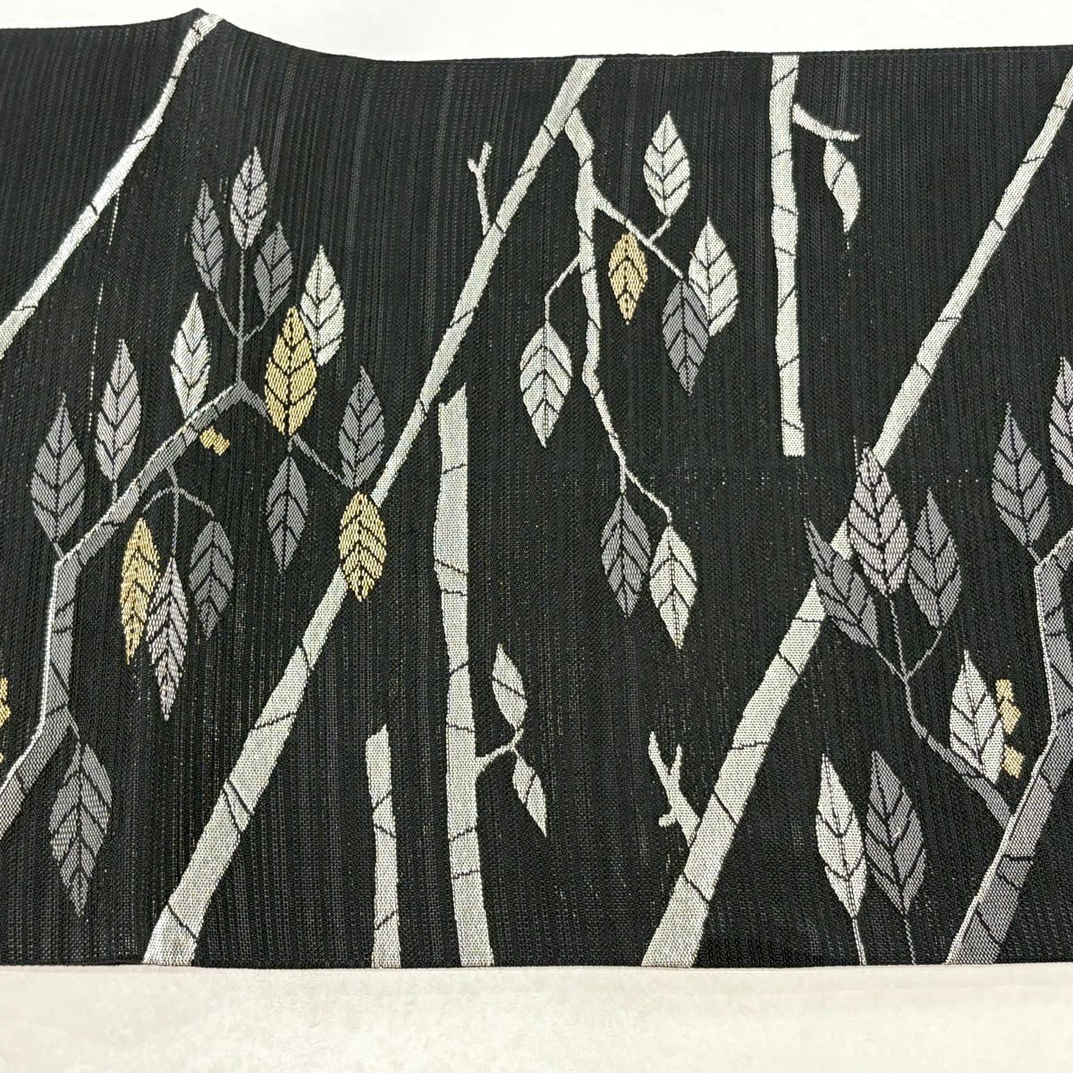 【美品】 袋名古屋帶 名品級 夏帶 絽 枝葉 金銀彩 金金箔 黑 化纖