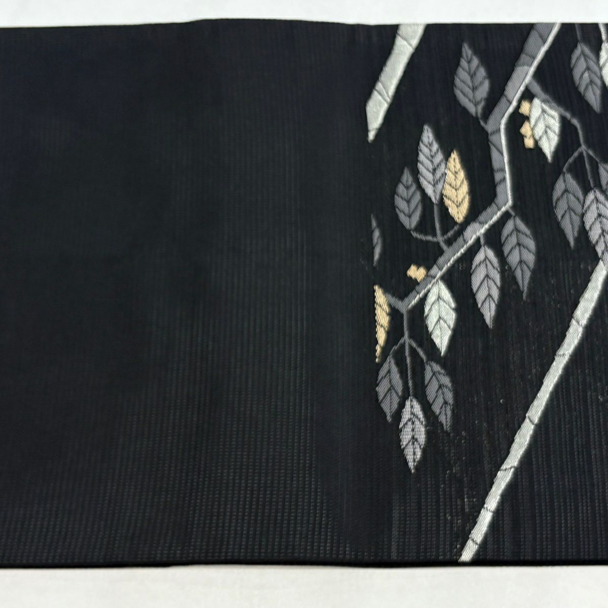 【美品】 袋名古屋帶 名品級 夏帶 絽 枝葉 金銀彩 金金箔 黑 化纖