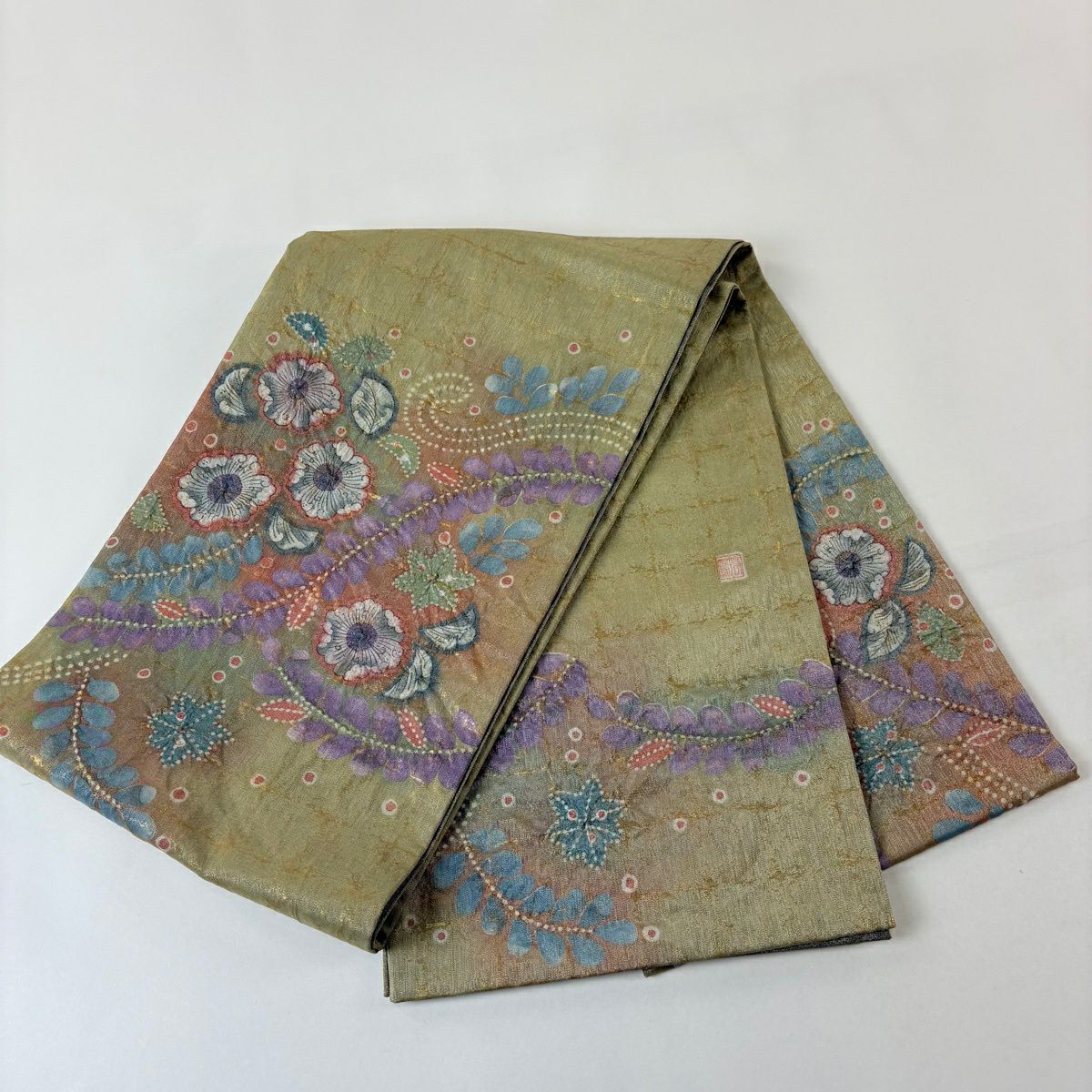 【美品】 袋帶 名品級 附落款 櫻花 葉紋 金金箔 銀線 鶯色 大鼓紋 純蠶絲