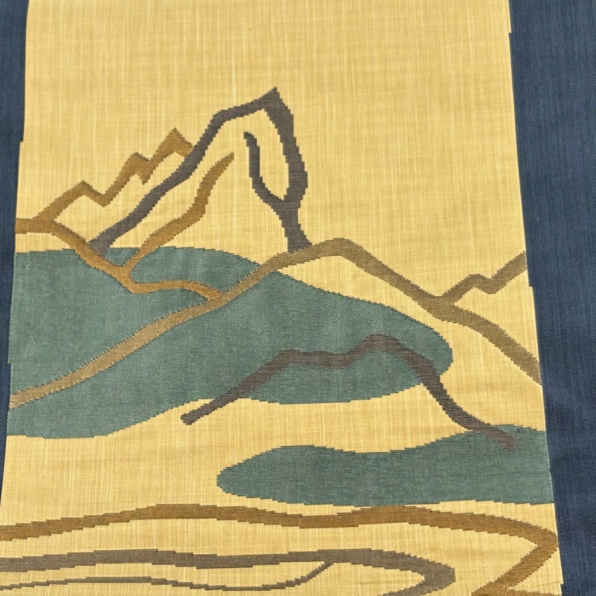 袋帶 名品級 木屋太 附有落款 紬織織 山並 流水 深藍色 六通 純蠶絲
