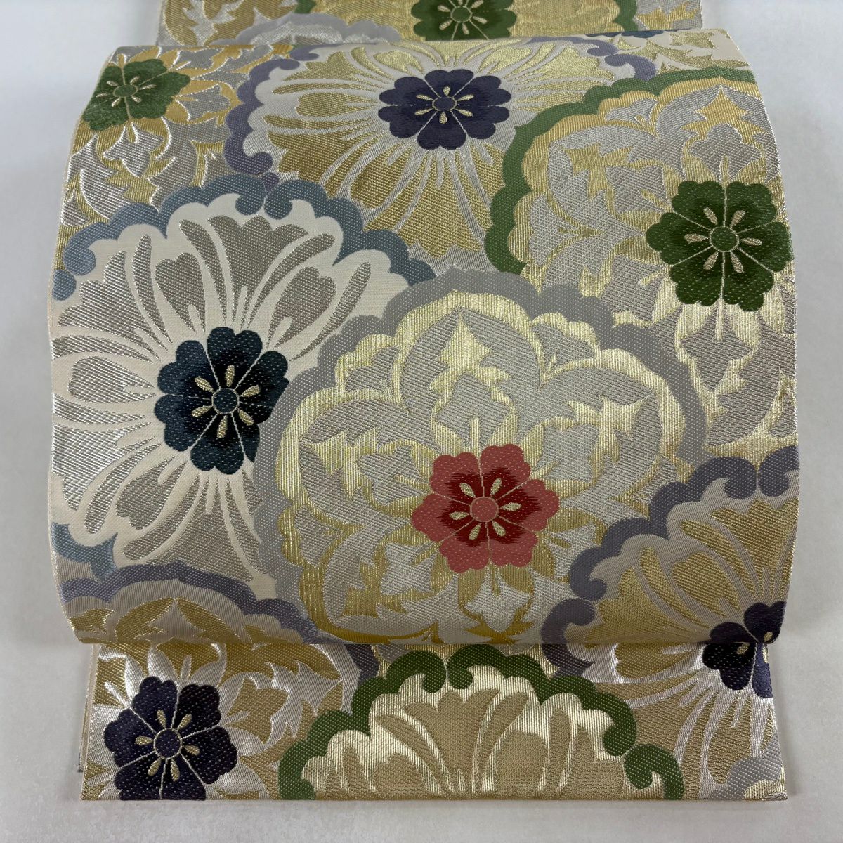 【美品】 袋帶 名品級 花 金銀絲 灰紫 六通 純蠶絲
