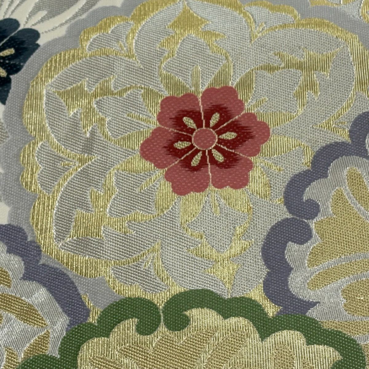 【美品】 袋帶 名品級 花 金銀絲 灰紫 六通 純蠶絲