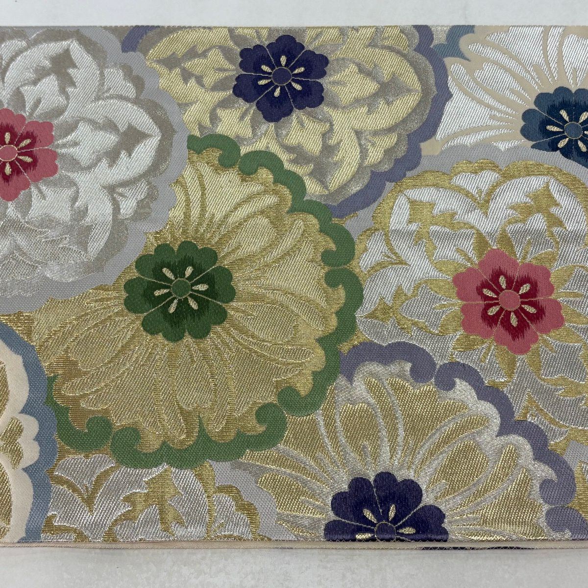 【美品】 袋帶 名品級 花 金銀絲 灰紫 六通 純蠶絲