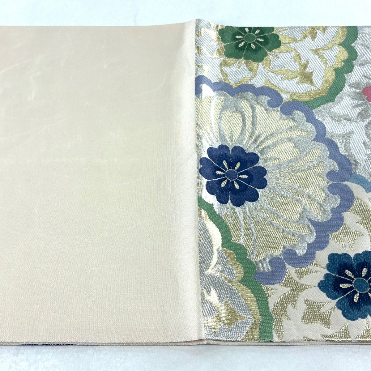【美品】 袋帶 名品級 花 金銀絲 灰紫 六通 純蠶絲