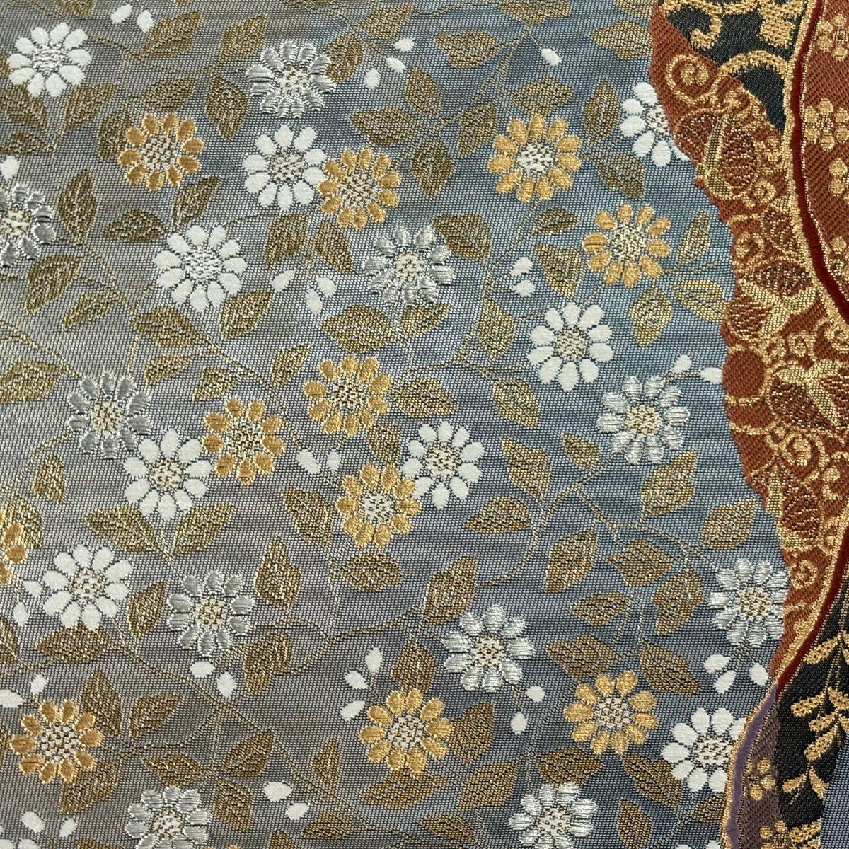 【美品】 袋帶 名品級 草花紋 金銀彩 金金箔 青灰 深藍 純蠶絲