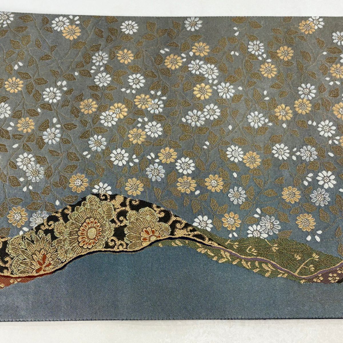 【美品】 袋帶 名品級 草花紋 金銀彩 金金箔 青灰 深藍 純蠶絲