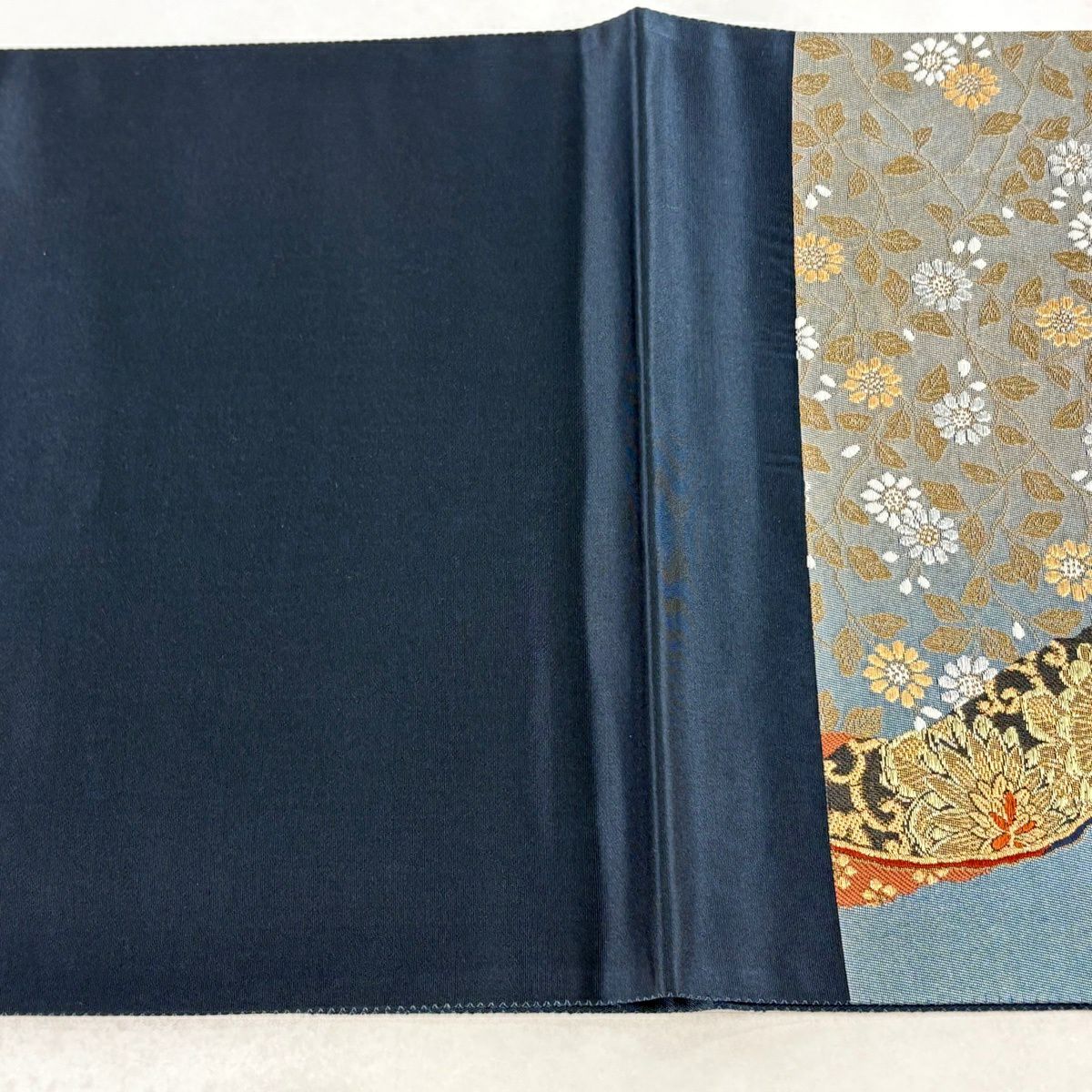 【美品】 袋帶 名品級 草花紋 金銀彩 金金箔 青灰 深藍 純蠶絲