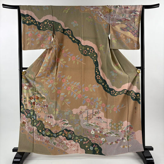 訪問服 身長163.5cm 袖長64.5cm M 雙層 松樹井青青 落款 鴛鴦 菊花 刺繡 金彩裝飾 淺橙色 純蠶絲 逸品級