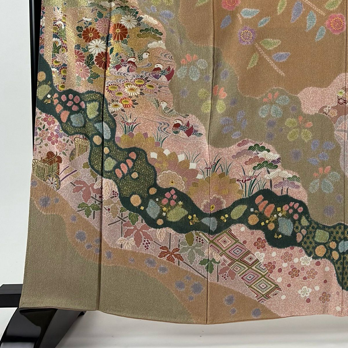 訪問服 身長163.5cm 袖長64.5cm M 雙層 松樹井青青 落款 鴛鴦 菊花 刺繡 金彩裝飾 淺橙色 純蠶絲 逸品級