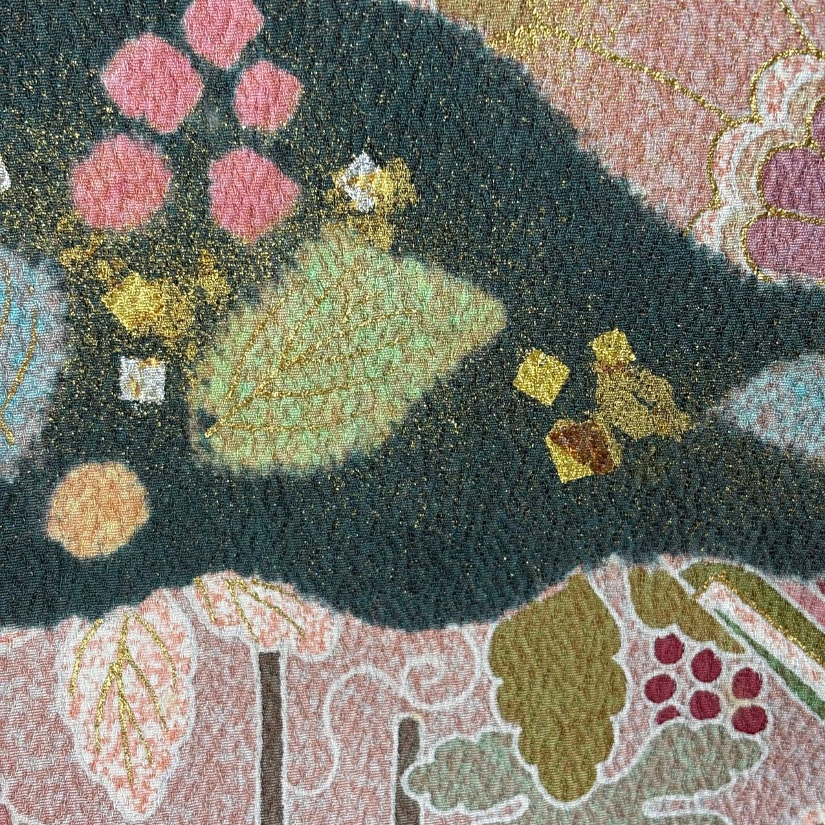 訪問服 身長163.5cm 袖長64.5cm M 雙層 松樹井青青 落款 鴛鴦 菊花 刺繡 金彩裝飾 淺橙色 純蠶絲 逸品級