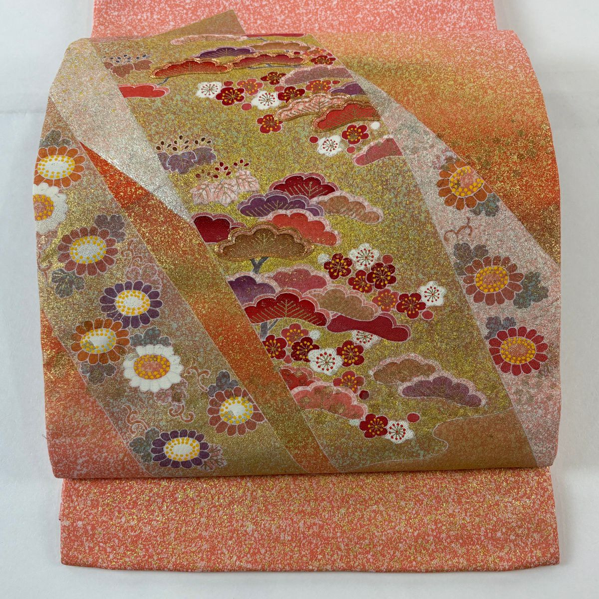 袋帶 逸品級 松樹井青々 落款あり 共箱付 菊花唐草紋 松樹梅花 金糸 金銀彩 橙色 お太鼓柄 純蠶絲