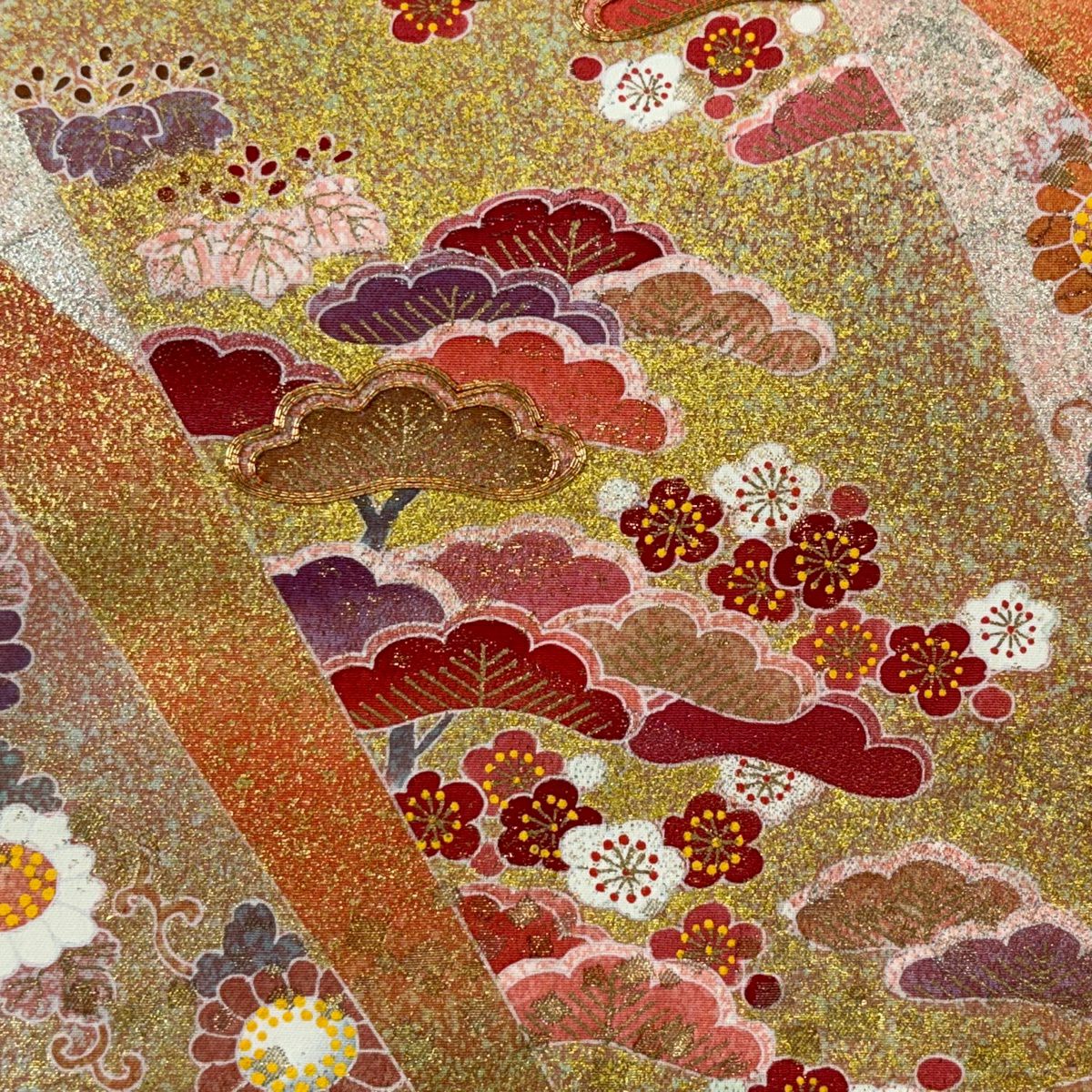 袋帶 逸品級 松樹井青々 落款あり 共箱付 菊花唐草紋 松樹梅花 金糸 金銀彩 橙色 お太鼓柄 純蠶絲