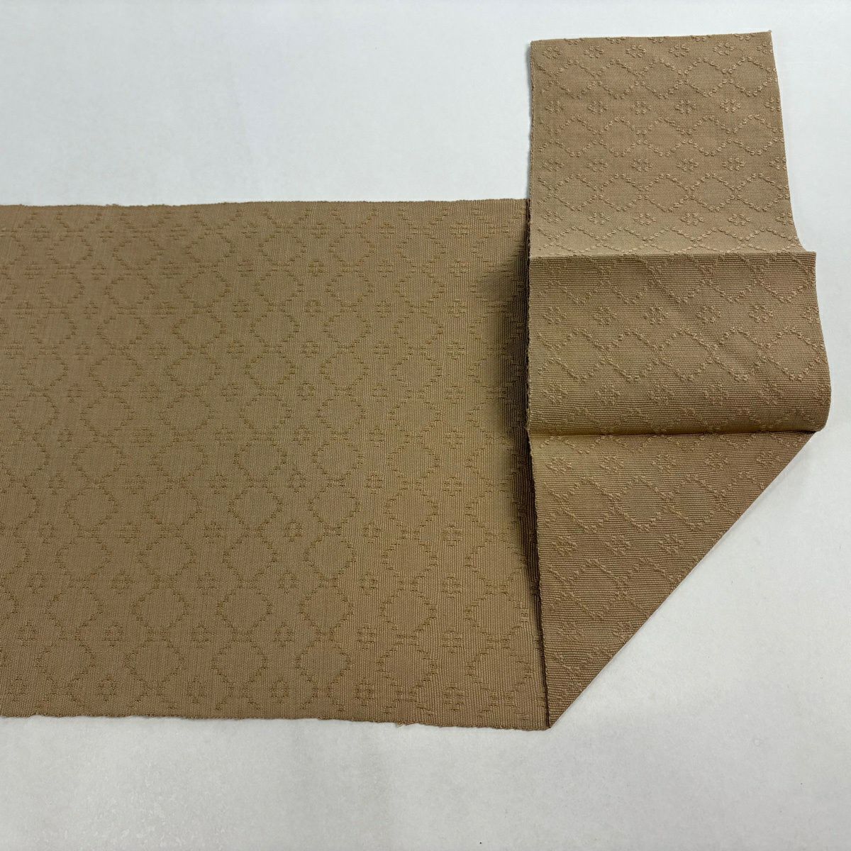 【美品】名古屋帶 逸品級 松樹葉仕立 八寸名古屋帶 幾何學圖案 薄茶 純蠶絲