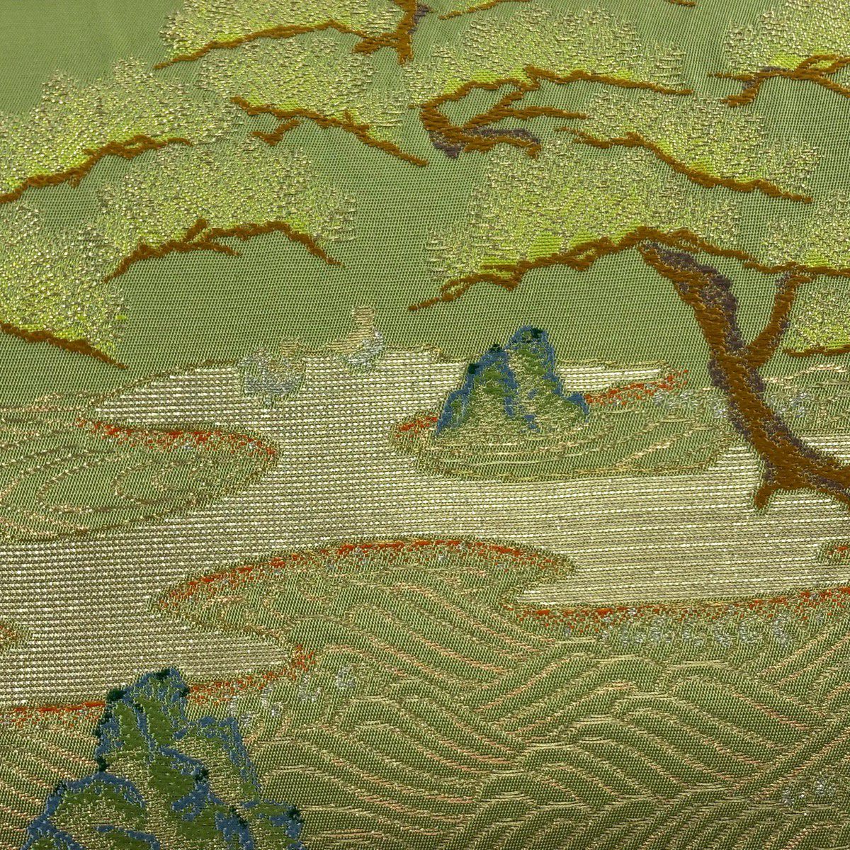 袋帶 逸品級 龍村美術織物 附落款 龍村 松樹 波 金銀絲 艾草色 大鼓圖案 純蠶絲