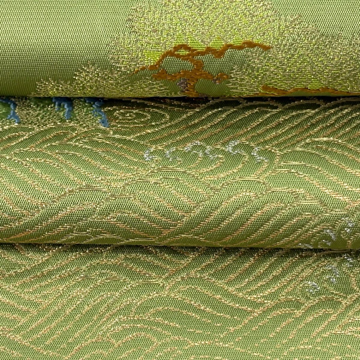 袋帶 逸品級 龍村美術織物 附落款 龍村 松樹 波 金銀絲 艾草色 大鼓圖案 純蠶絲