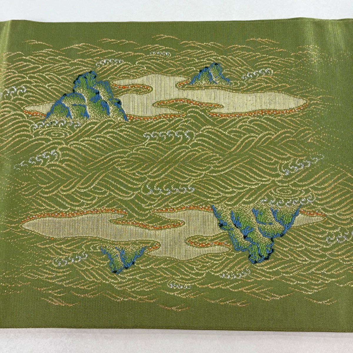 袋帶 逸品級 龍村美術織物 附落款 龍村 松樹 波 金銀絲 艾草色 大鼓圖案 純蠶絲