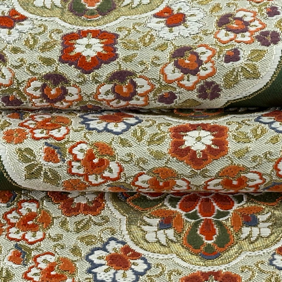 袋帶 逸品級 河村織物 落款あり 上代彩華紋 金絲 金金箔 深綠 六通 純蠶絲