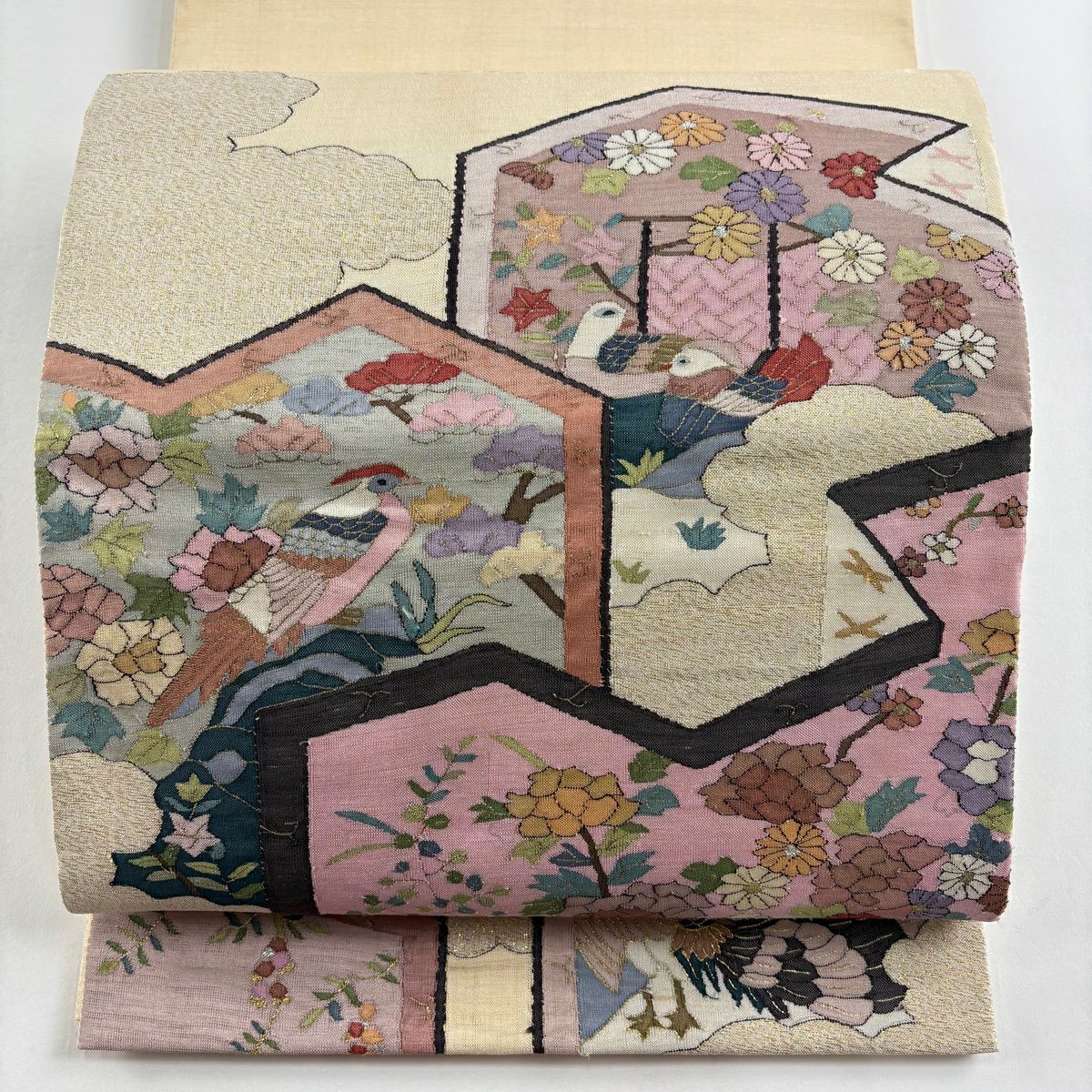 袋帶 逸品級 屏風 花鳥 金銀絲 金金箔 奶油色 大鼓圖案 純蠶絲