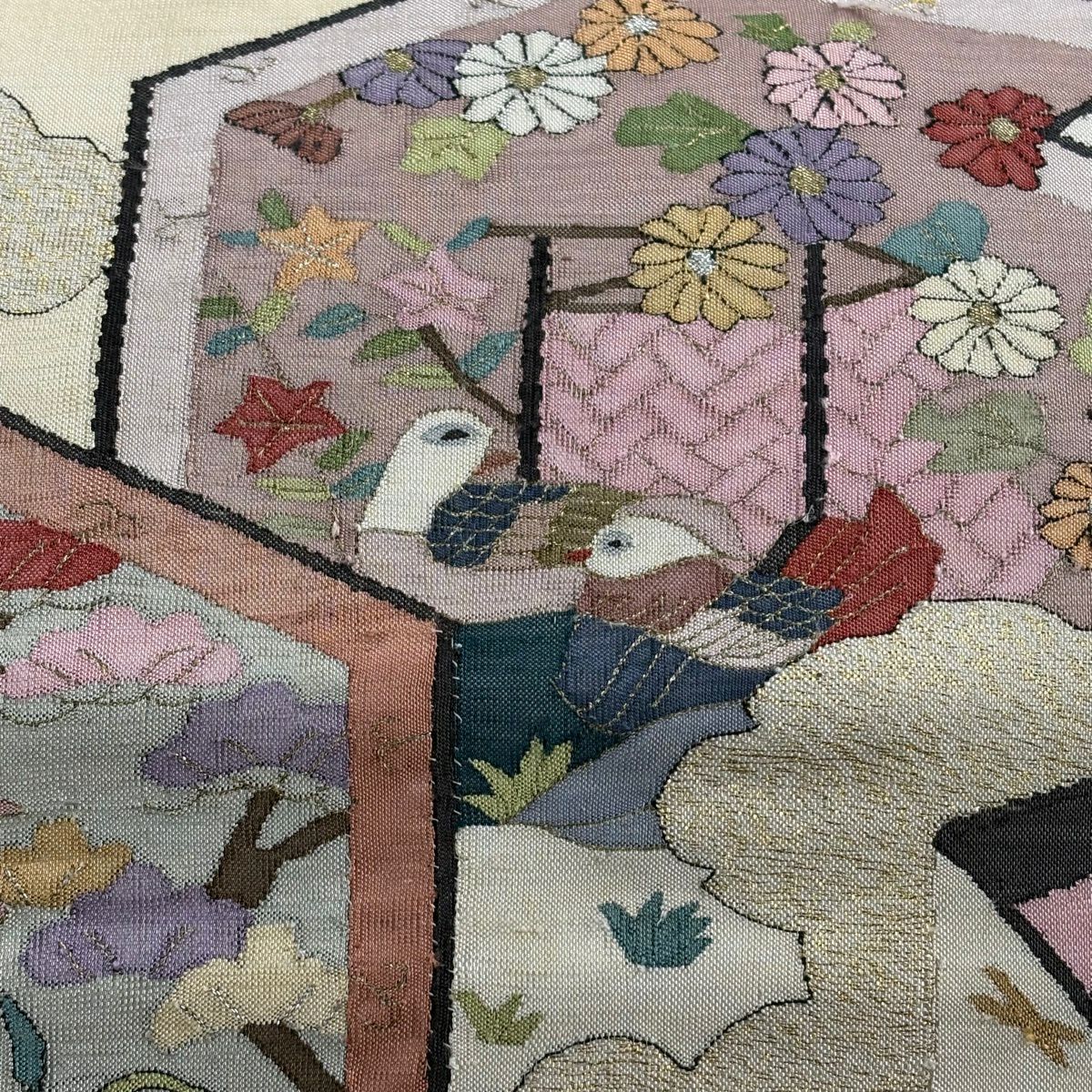 袋帶 逸品級 屏風 花鳥 金銀絲 金金箔 奶油色 大鼓圖案 純蠶絲