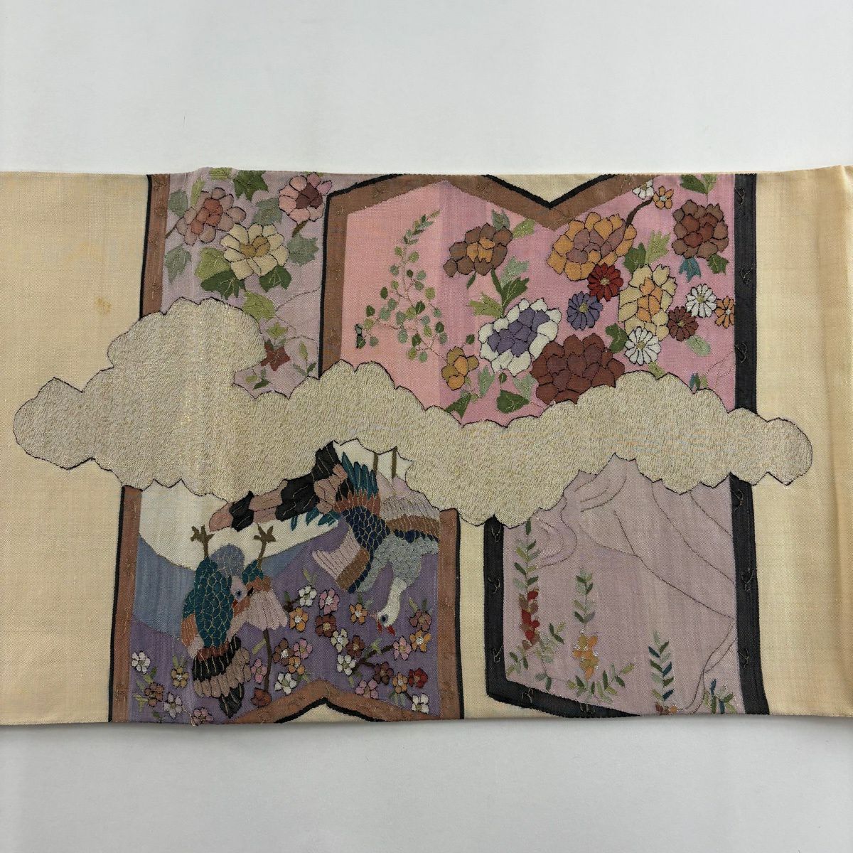 袋帶 逸品級 屏風 花鳥 金銀絲 金金箔 奶油色 大鼓圖案 純蠶絲
