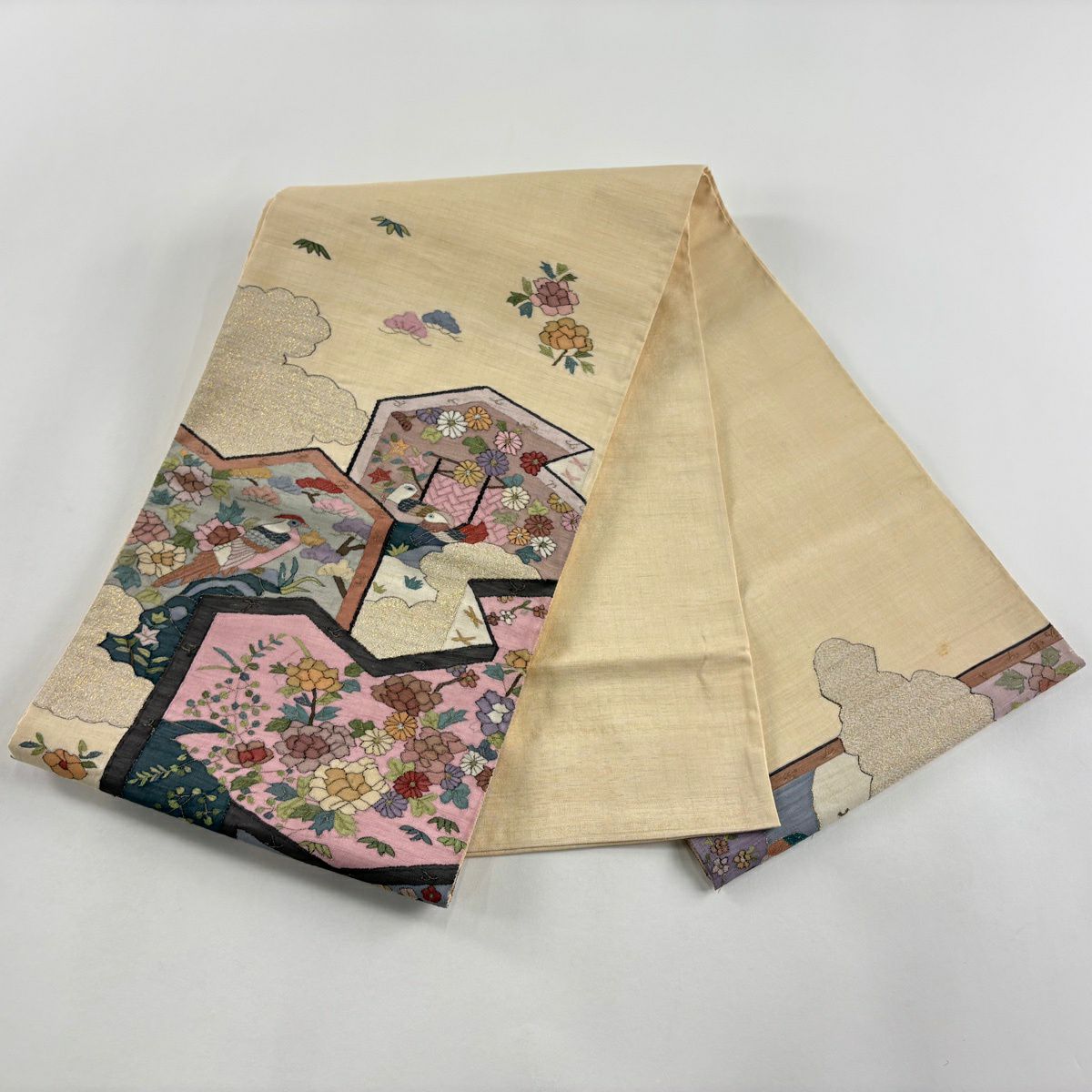 袋帶 逸品級 屏風 花鳥 金銀絲 金金箔 奶油色 大鼓圖案 純蠶絲