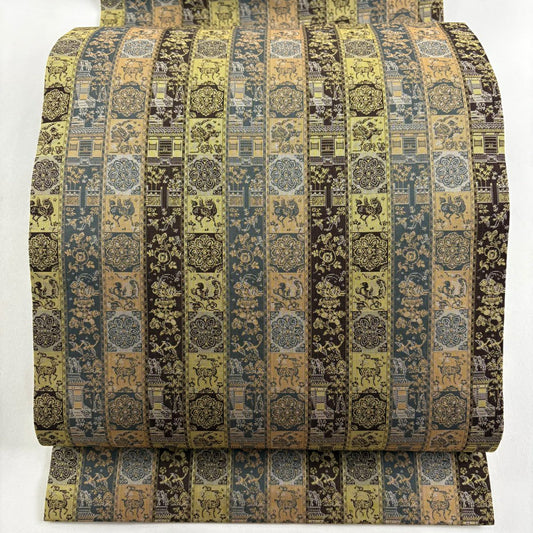 【美品】 開口名古屋帶 逸品級 龍村美術織物 證書齊全 比翼仕立 雜色紅牙瑞錦 銀線 灰茶 純蠶絲