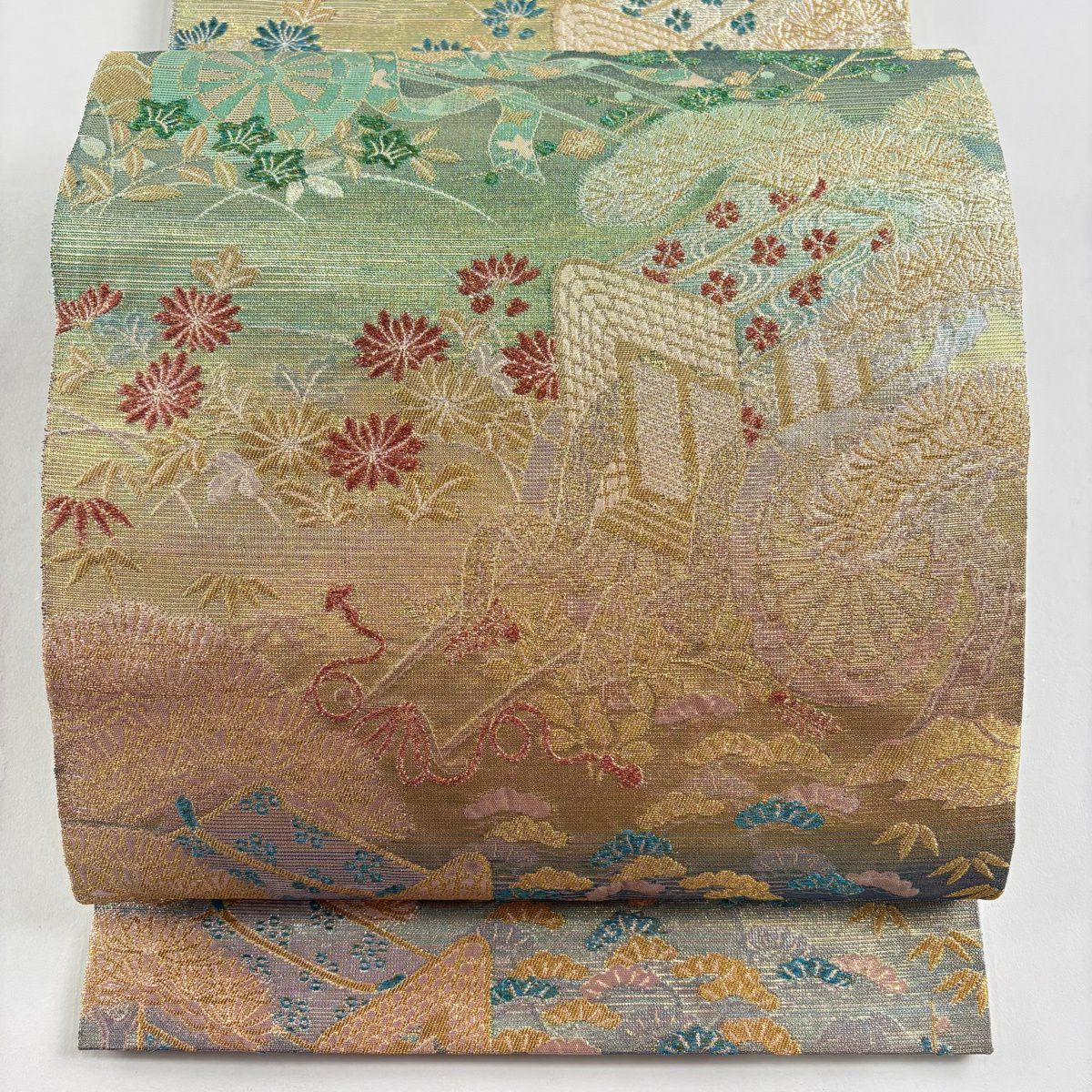 【美品】 袋帶 逸品級 佐波理 落款 千草御車美 御所車 松樹竹子梅花 金糸 金金箔 薄綠 六通 純蠶絲