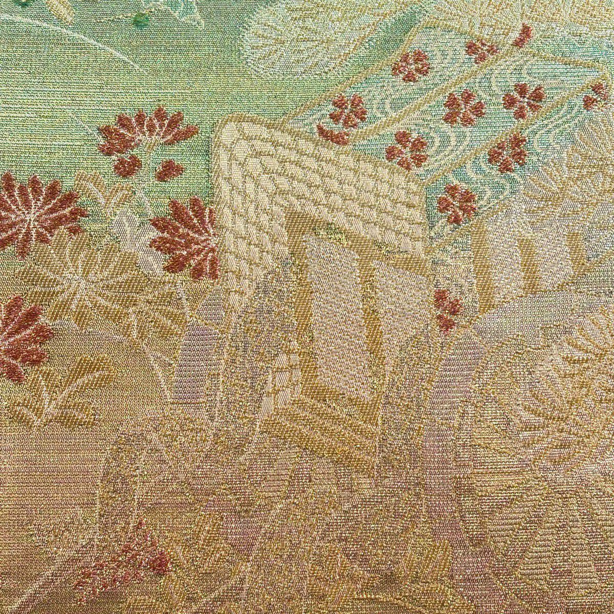 【美品】 袋帶 逸品級 佐波理 落款 千草御車美 御所車 松樹竹子梅花 金糸 金金箔 薄綠 六通 純蠶絲