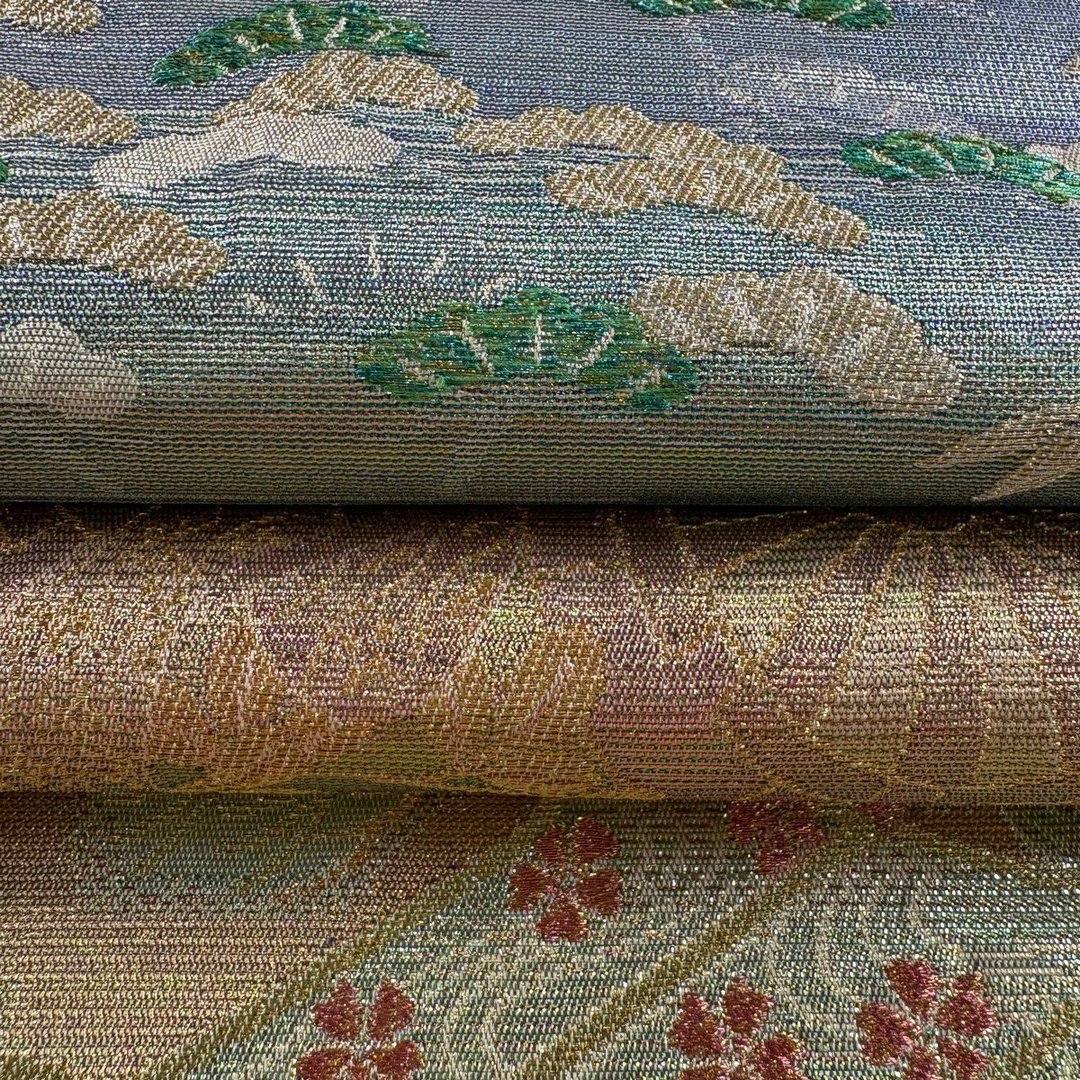 【美品】 袋帶 逸品級 佐波理 落款 千草御車美 御所車 松樹竹子梅花 金糸 金金箔 薄綠 六通 純蠶絲