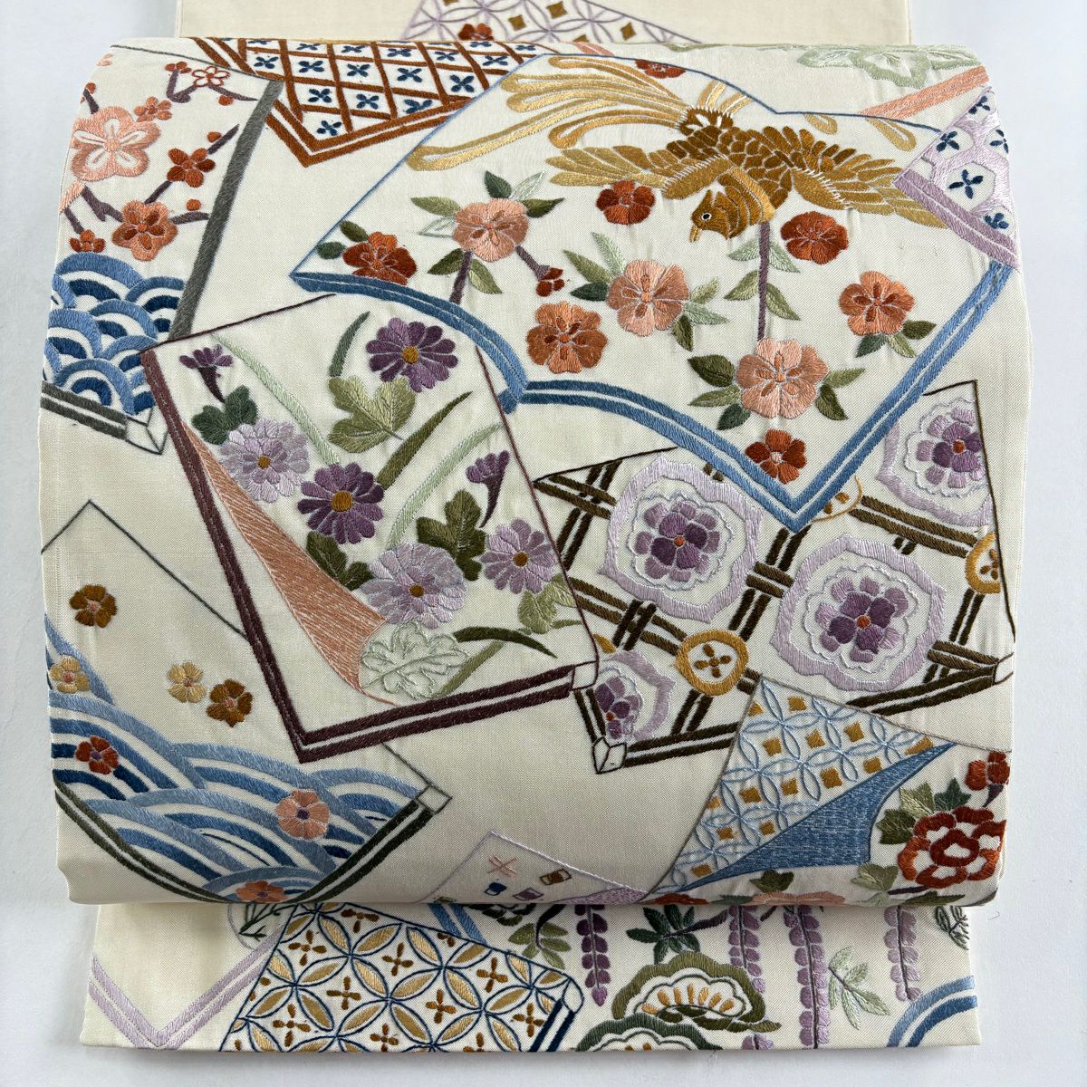 袋帶 逸品級 冊子 花鳥 刺繡 奶油色 大鼓圖案 純蠶絲
