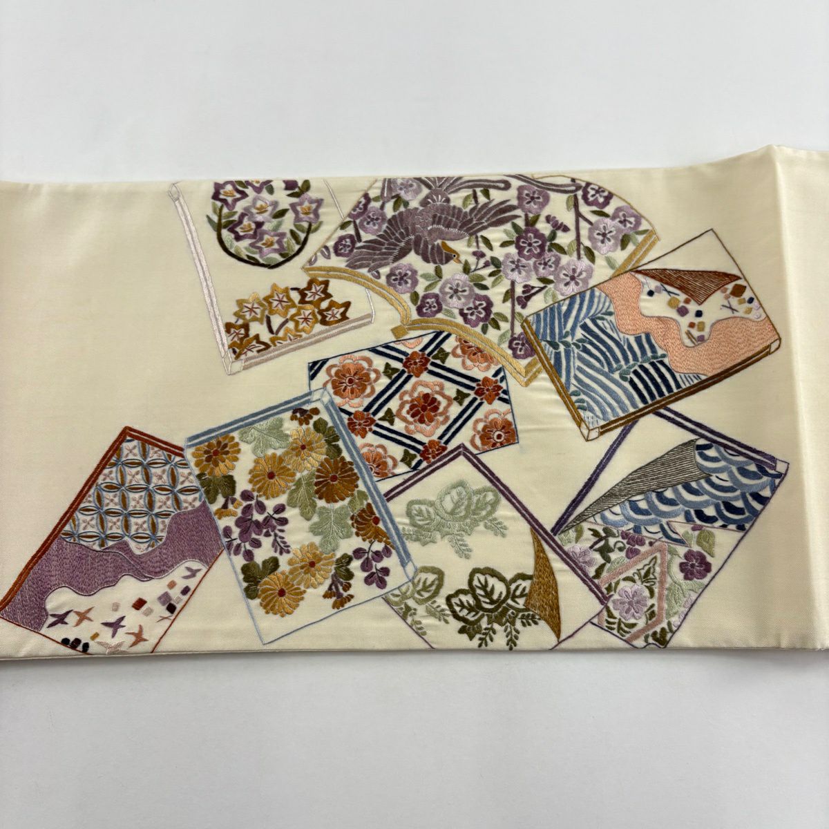 袋帶 逸品級 冊子 花鳥 刺繡 奶油色 大鼓圖案 純蠶絲