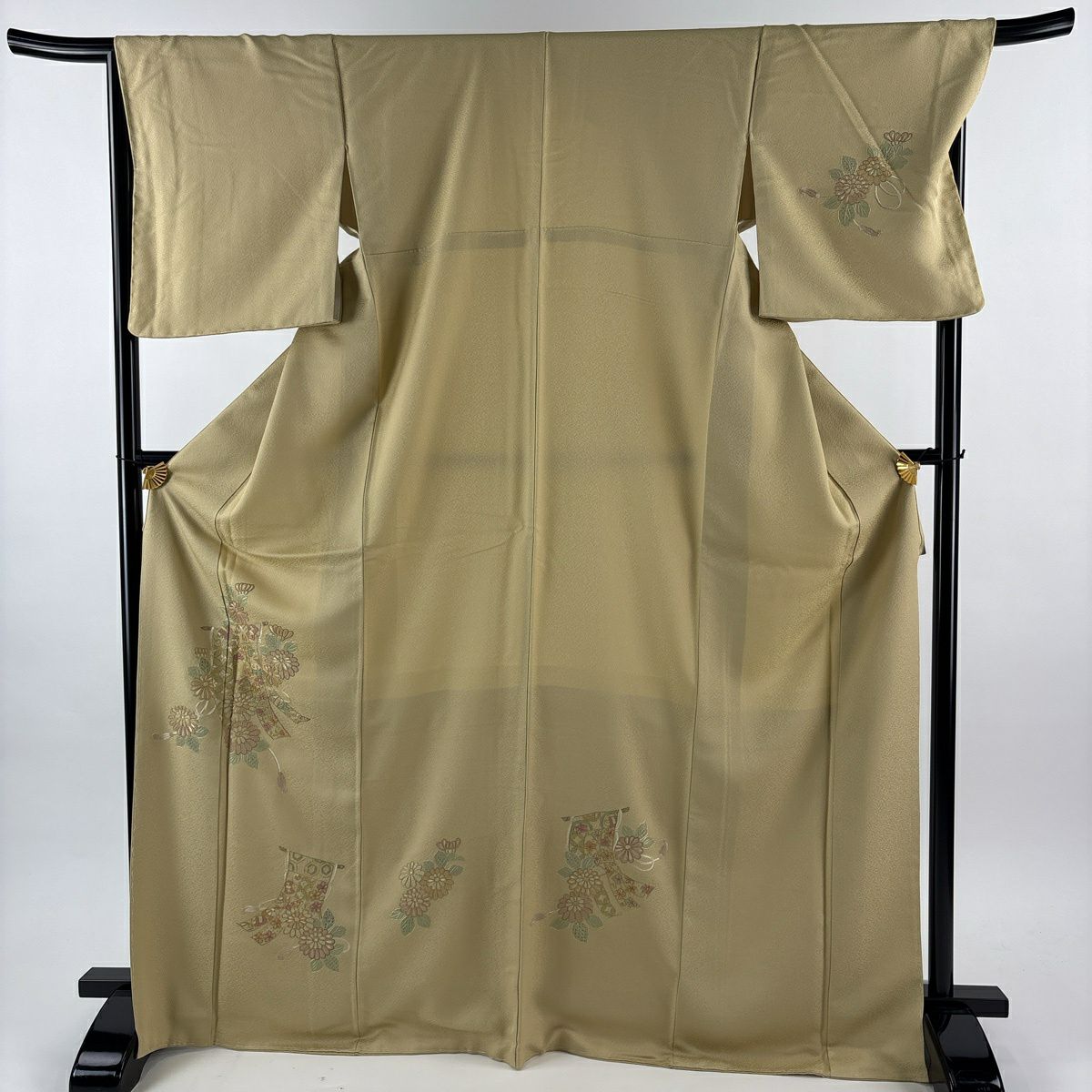 付下 身長171.5cm 袖長68cm L 雙層 幾帳 菊花花刺繡 金線 米色 純蠶絲 名品級