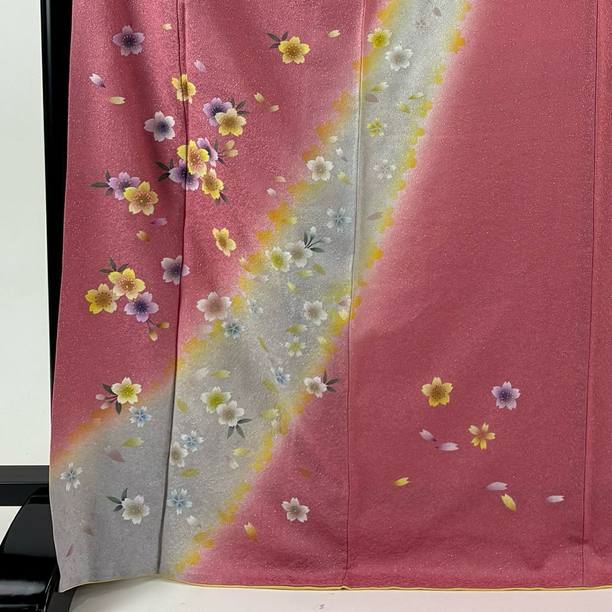 【美品】振袖禮服 身長171.5cm 袖長67.5cm L 雙層櫻花瓣 銀通透 漸層粉色 純蠶絲 名品級